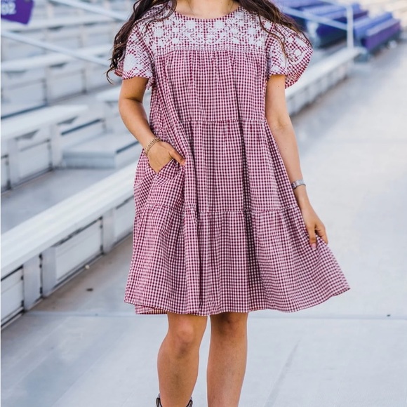 Gingham Checkered Dress with Lace Detail - Picture 1 of 5